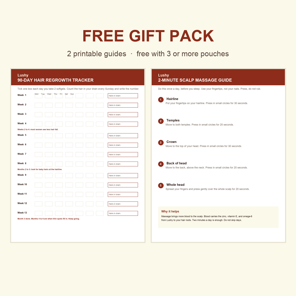 Lushy Free Gift Pack, two printable guides